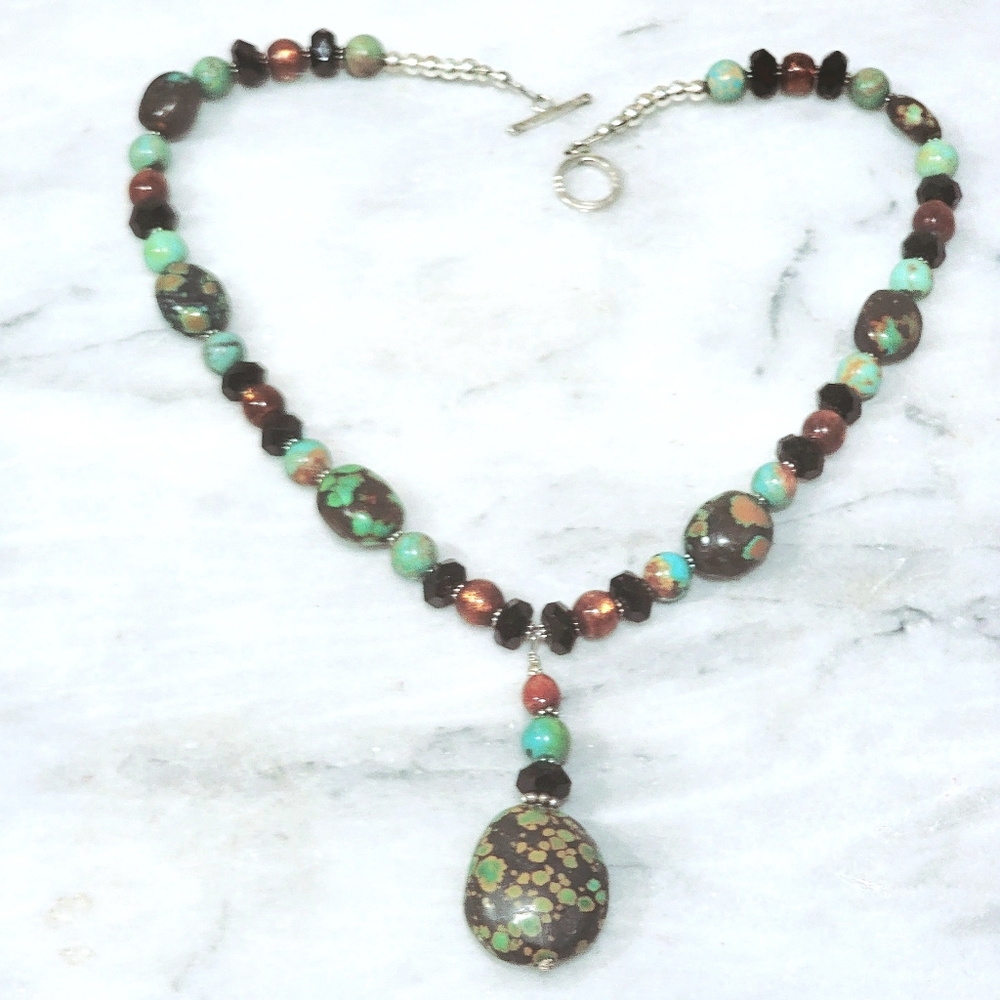 Turquoise Golden Coral Onyx Sterling Pendant Necklace 925 21" - Picture 2 of 4